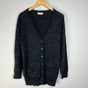 Calvin Klein Long Wool Cardigan Sweater Women's Medium Black Pockets Button Up